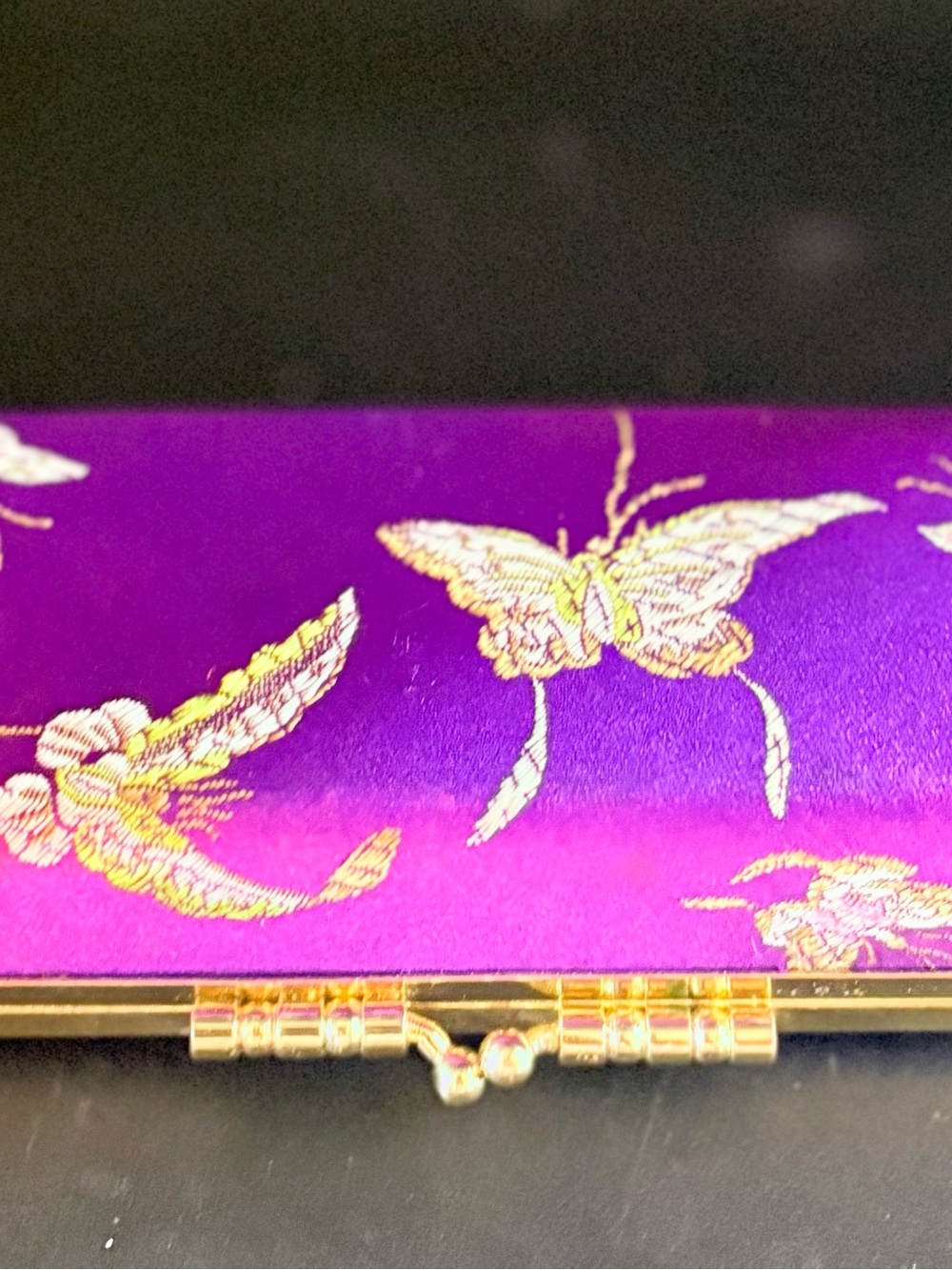 Vintage Asian Purple Brocade Travel Jewelry Box Mirror Vanity Case